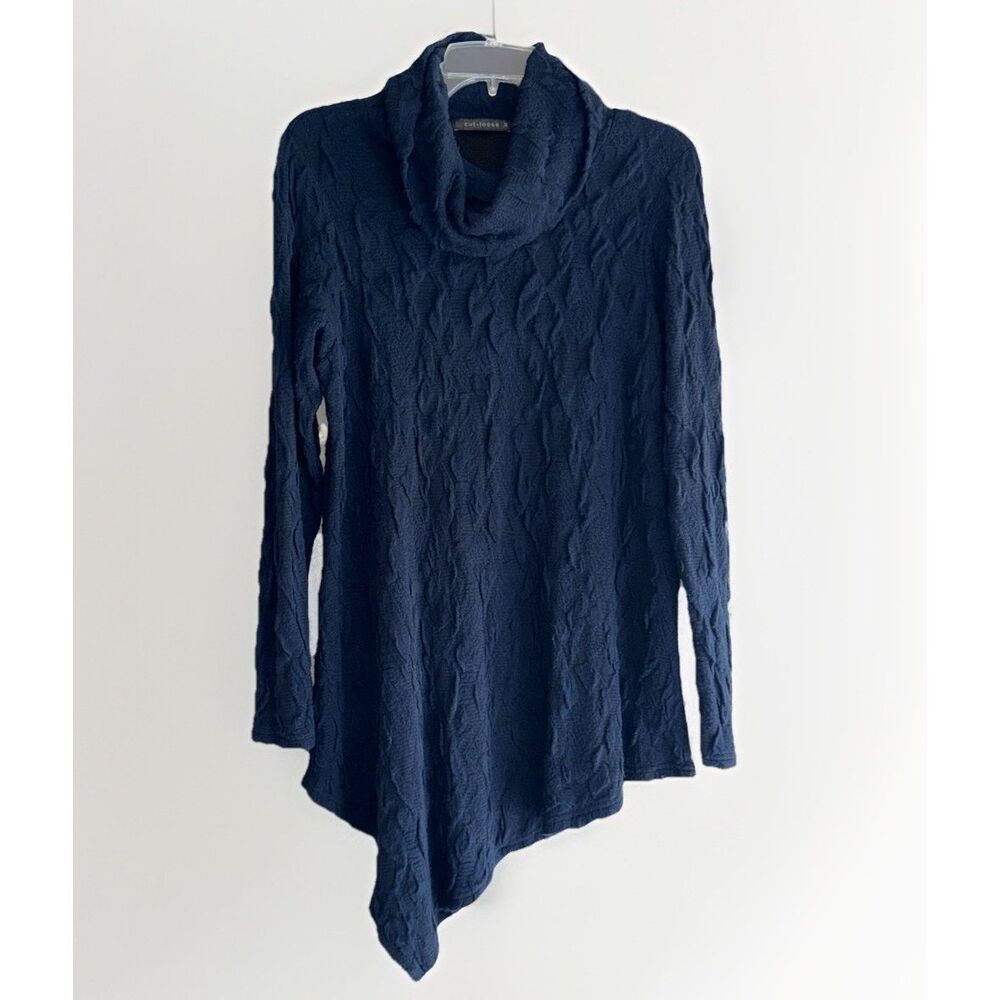 Cut Loose Cowl Neck Blouse Top Asymmetric Hem Textured Navy Blue Classic Artsy M